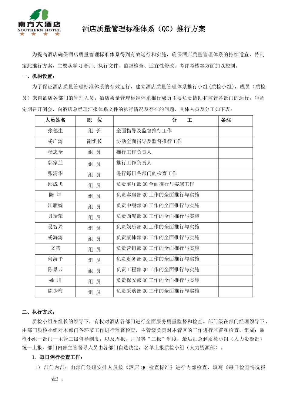 酒店质量管理标准体系(QC)推行方案_第1页