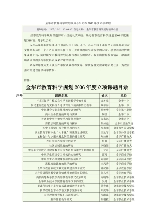 金华市教育科学规划领导小组公布2006年度立项课题
