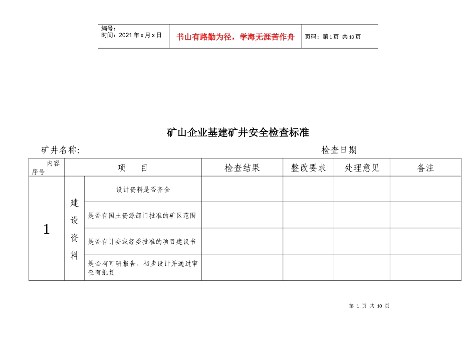 矿山企业基建矿井安全检查表_第1页
