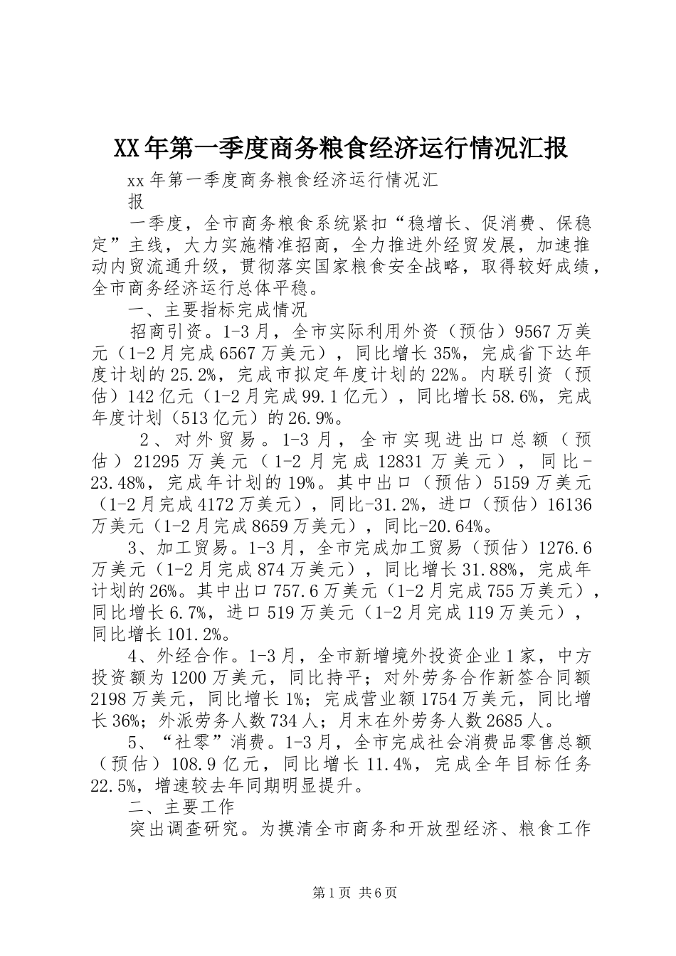 XX年第一季度商务粮食经济运行情况汇报_第1页