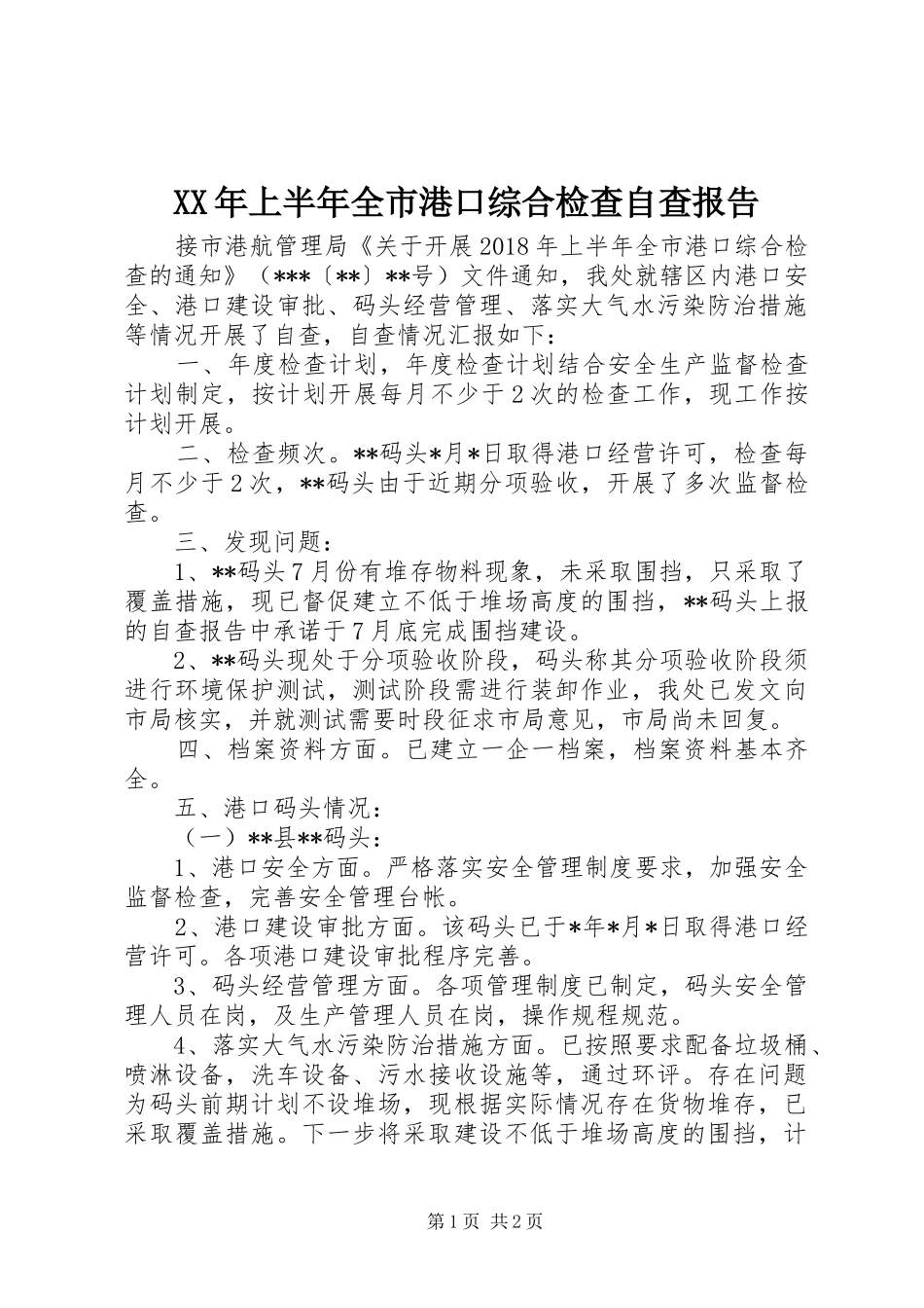 XX年上半年全市港口综合检查自查报告_第1页