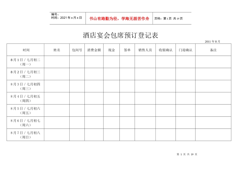 酒店宴会包席预订登记表_第1页
