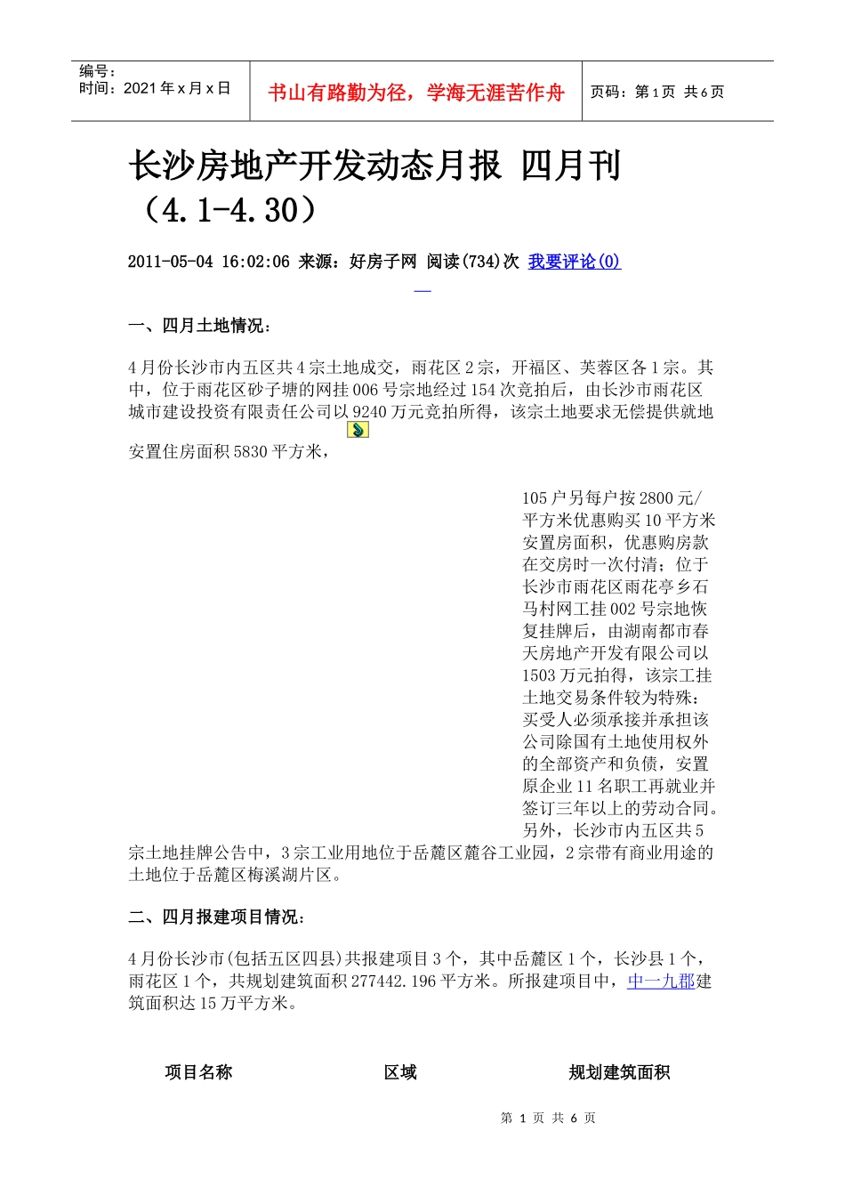 长沙房地产开发动态月报 四月刊_第1页