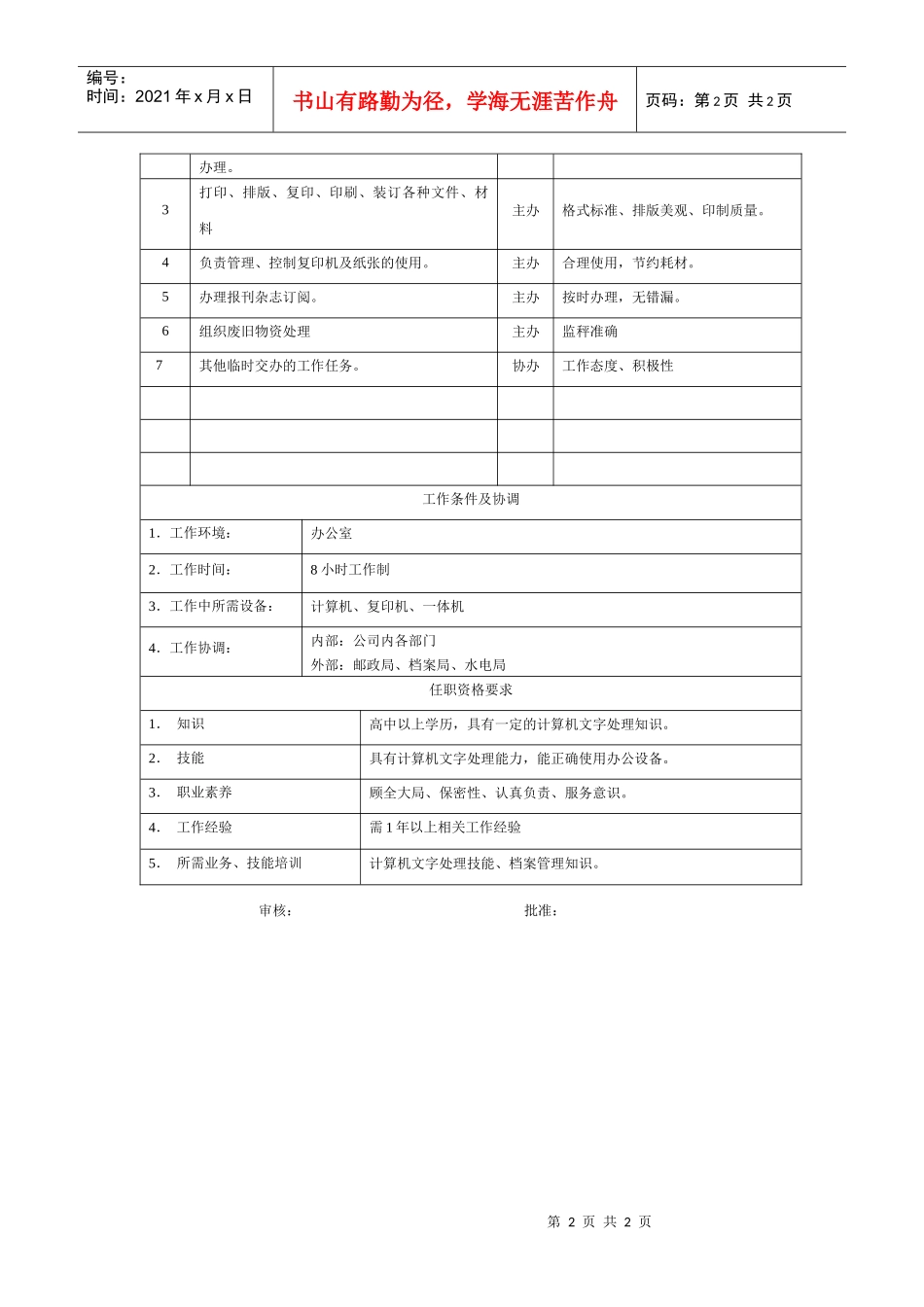 电力集团某大型电气配件企业档案员岗位说明书_第2页