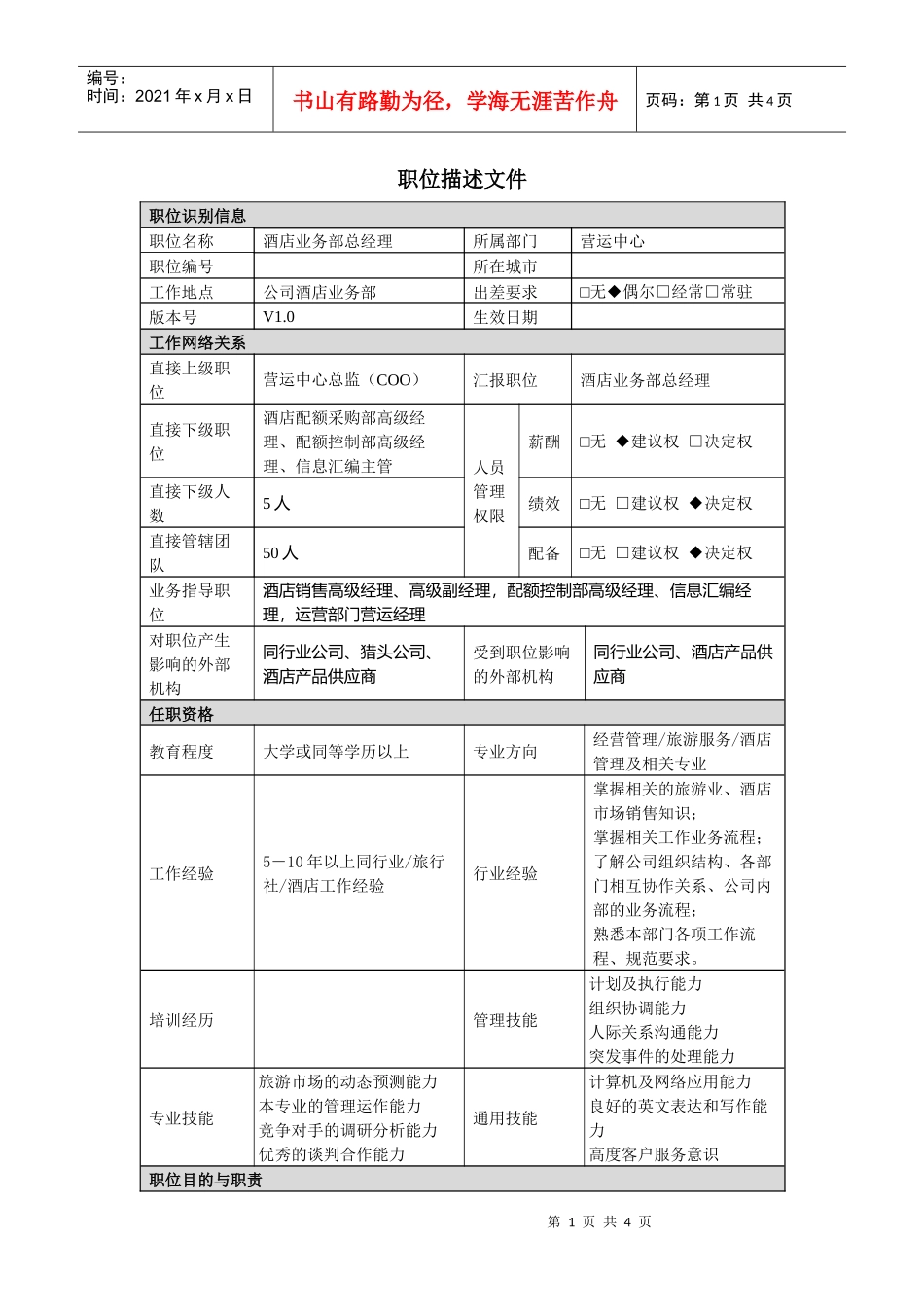 酒店业务部总经理职责说明书_第1页