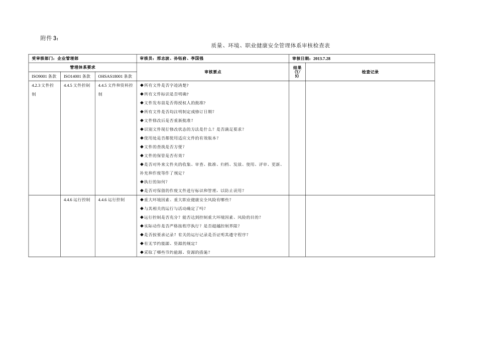 企业管理部质量、环境、职业健康安全管理体系审核检查表_第1页