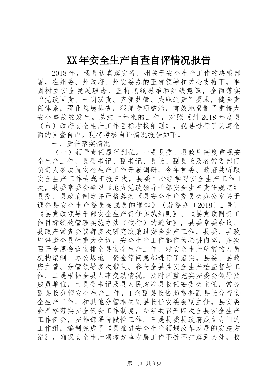 XX年安全生产自查自评情况报告_第1页