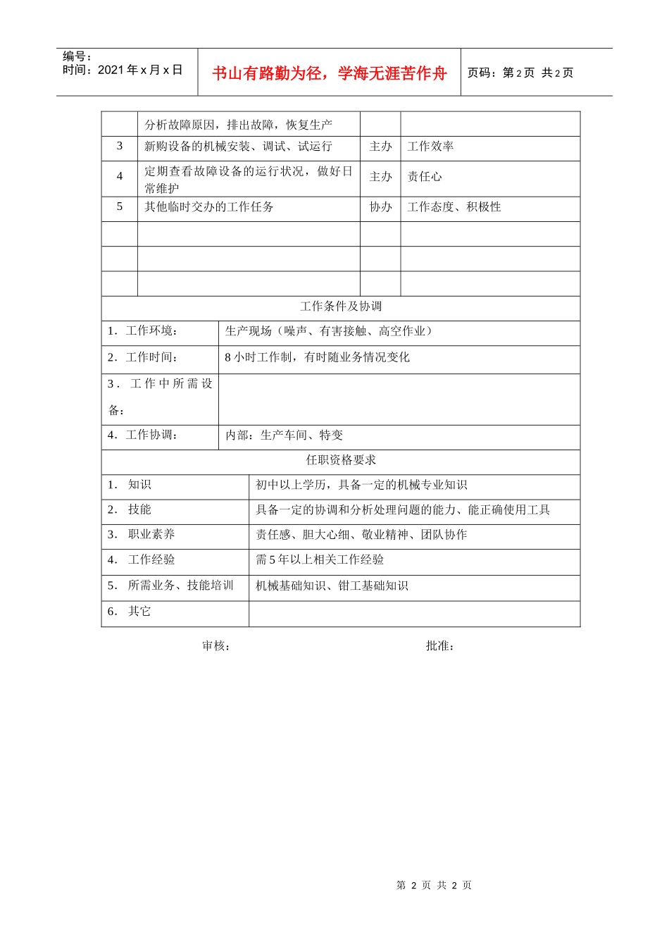 电力集团某大型电气配件企业钳工岗位说明书_第2页
