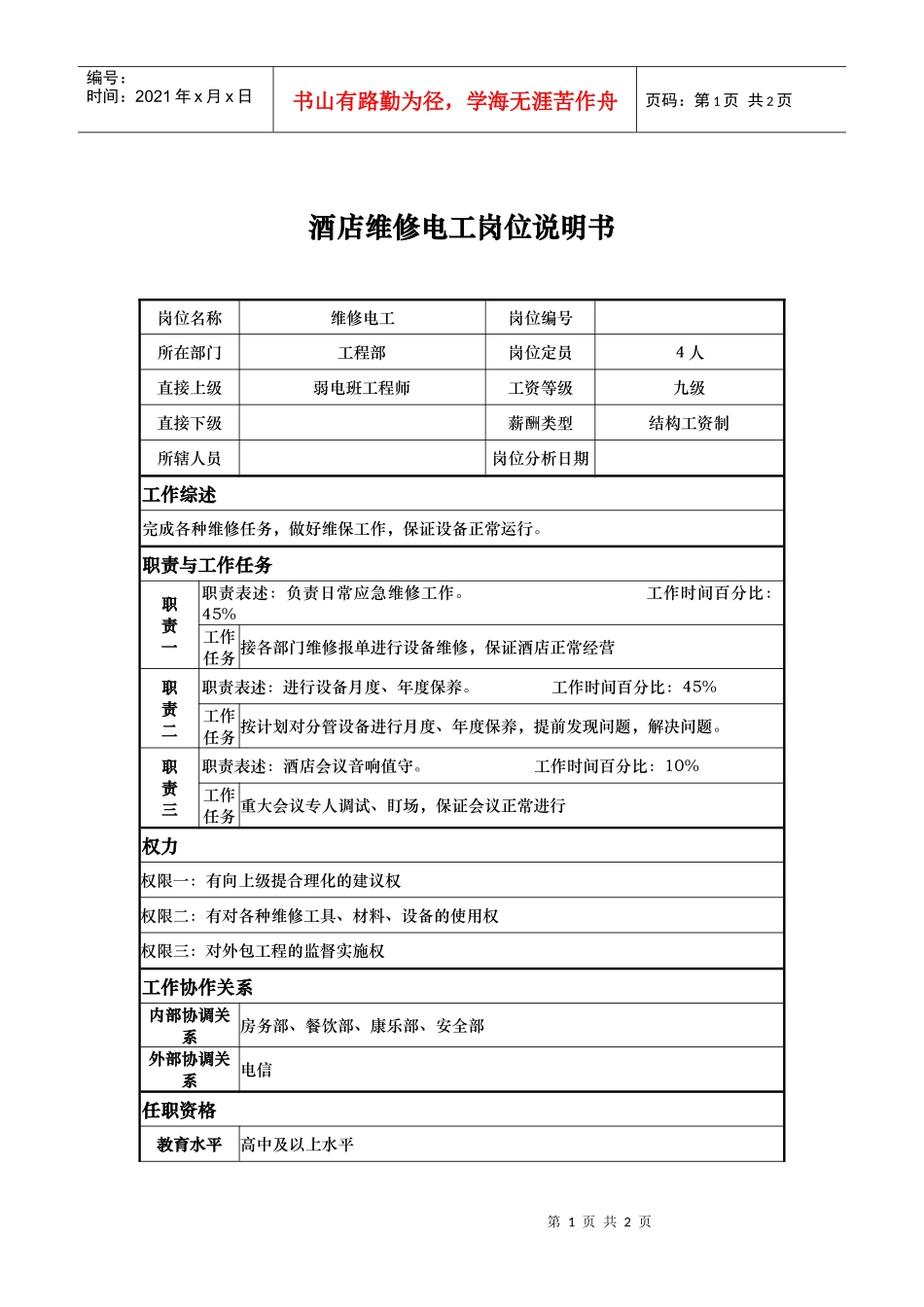 酒店维修电工岗位说明书_第1页