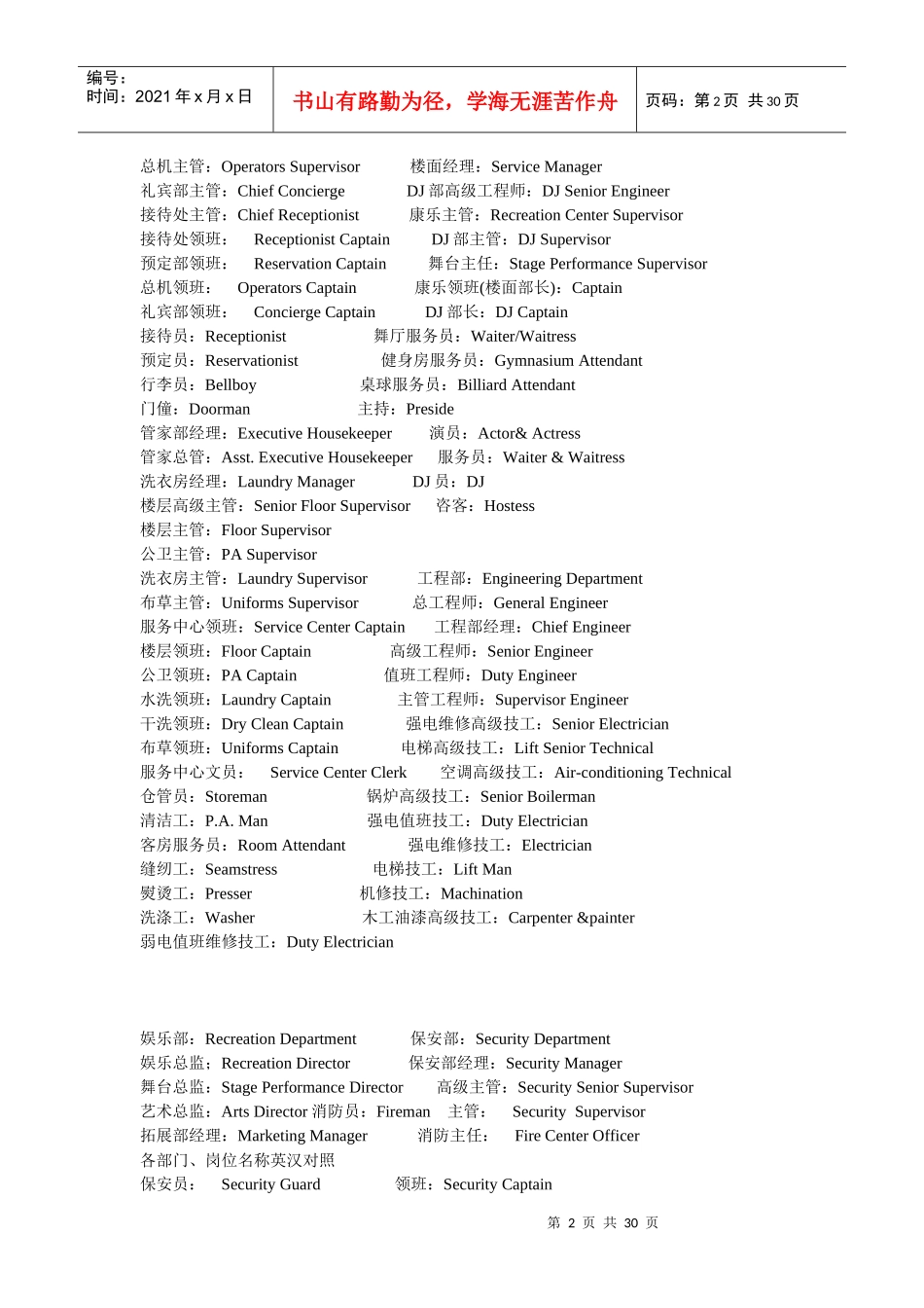 酒店各部门及职位英文翻译汇总_第2页