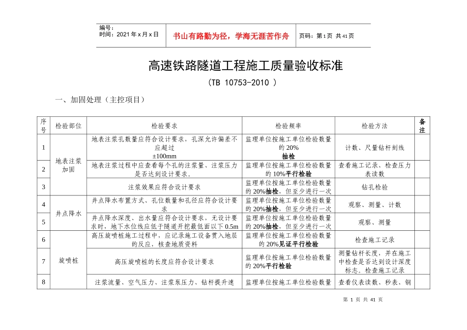 高速铁路隧道工程施工质量验收标准_第1页