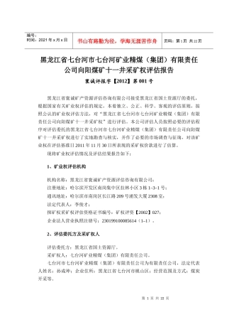 采矿权评估报告书——黑龙江七煤集团向阳煤矿十一井采矿权