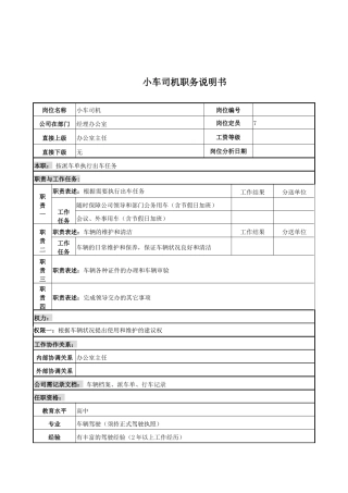 电力公司小车司机岗位说明书