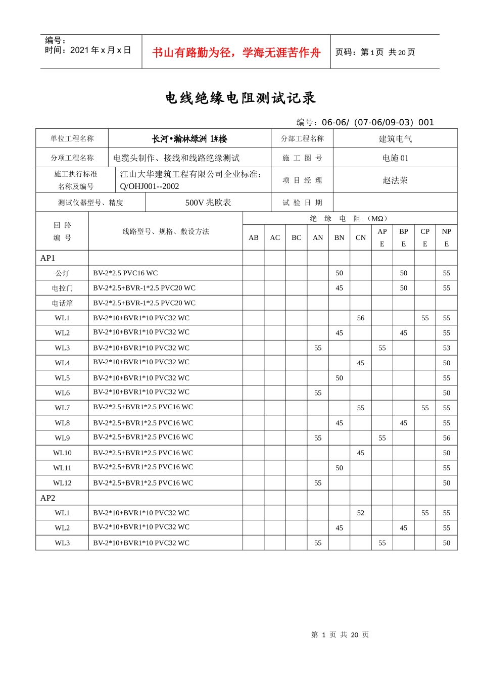 电线绝缘电阻测试记录_第1页