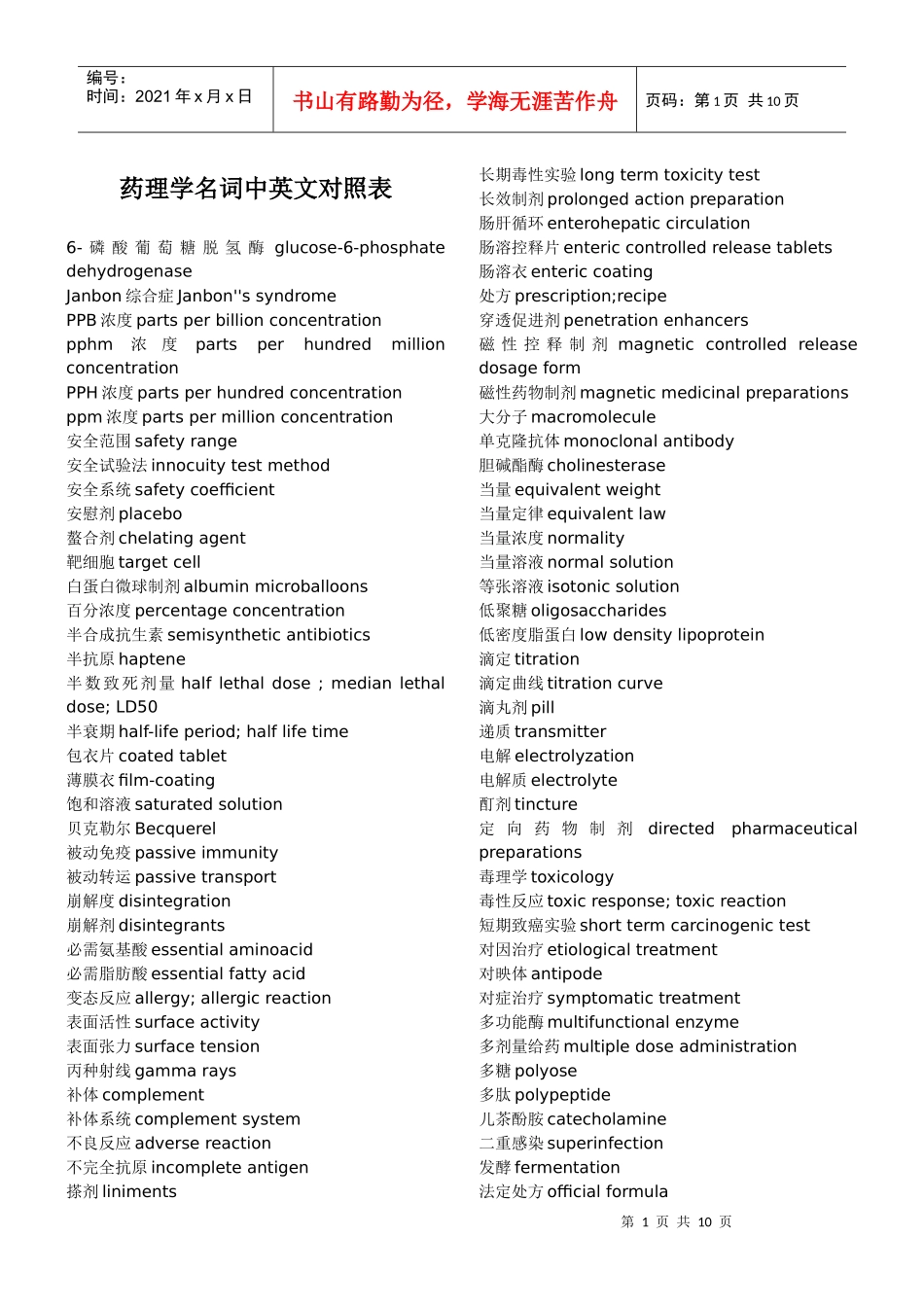 药理学名词中英文对照表_第1页