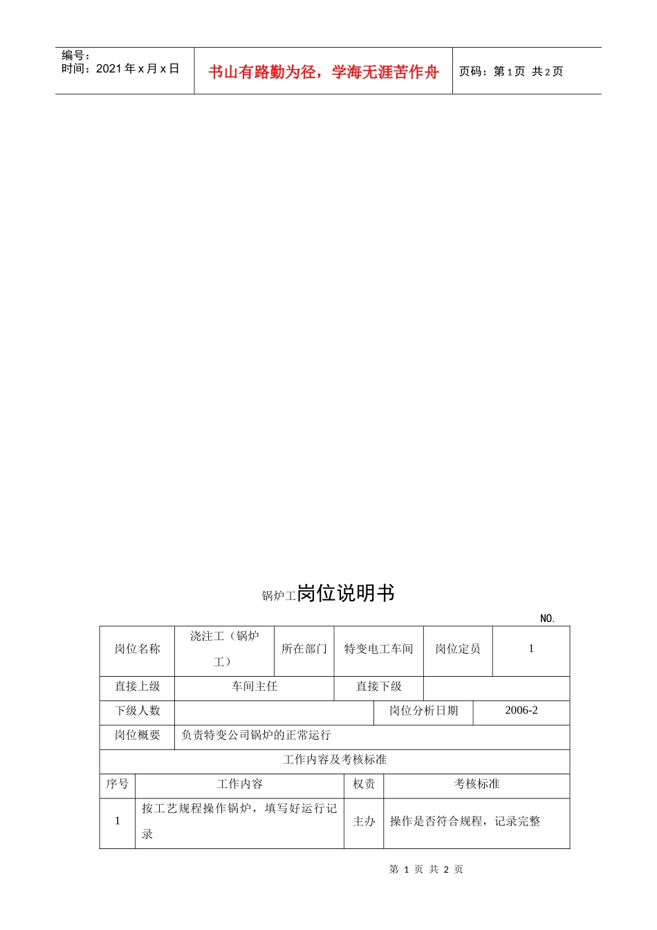 电力集团某大型电气配件企业锅炉工岗位说明书_第1页