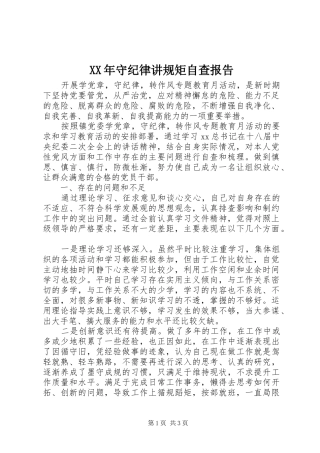 XX年守纪律讲规矩自查报告