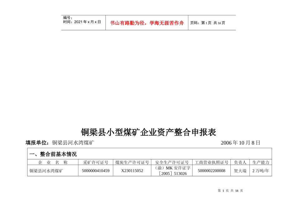 铜梁县小型煤矿企业资产整合申报表汇编_第1页