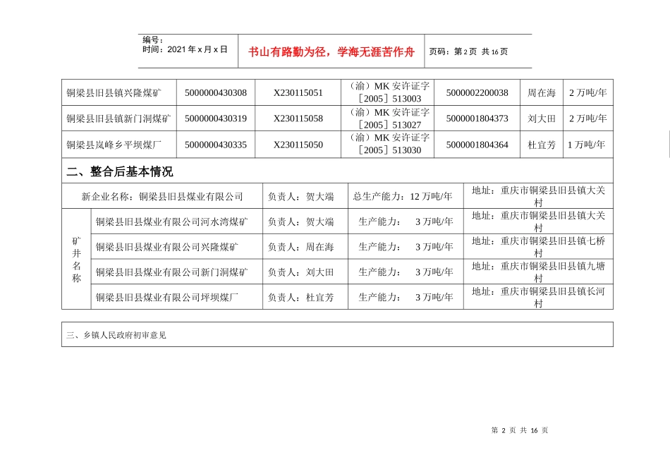 铜梁县小型煤矿企业资产整合申报表汇编_第2页