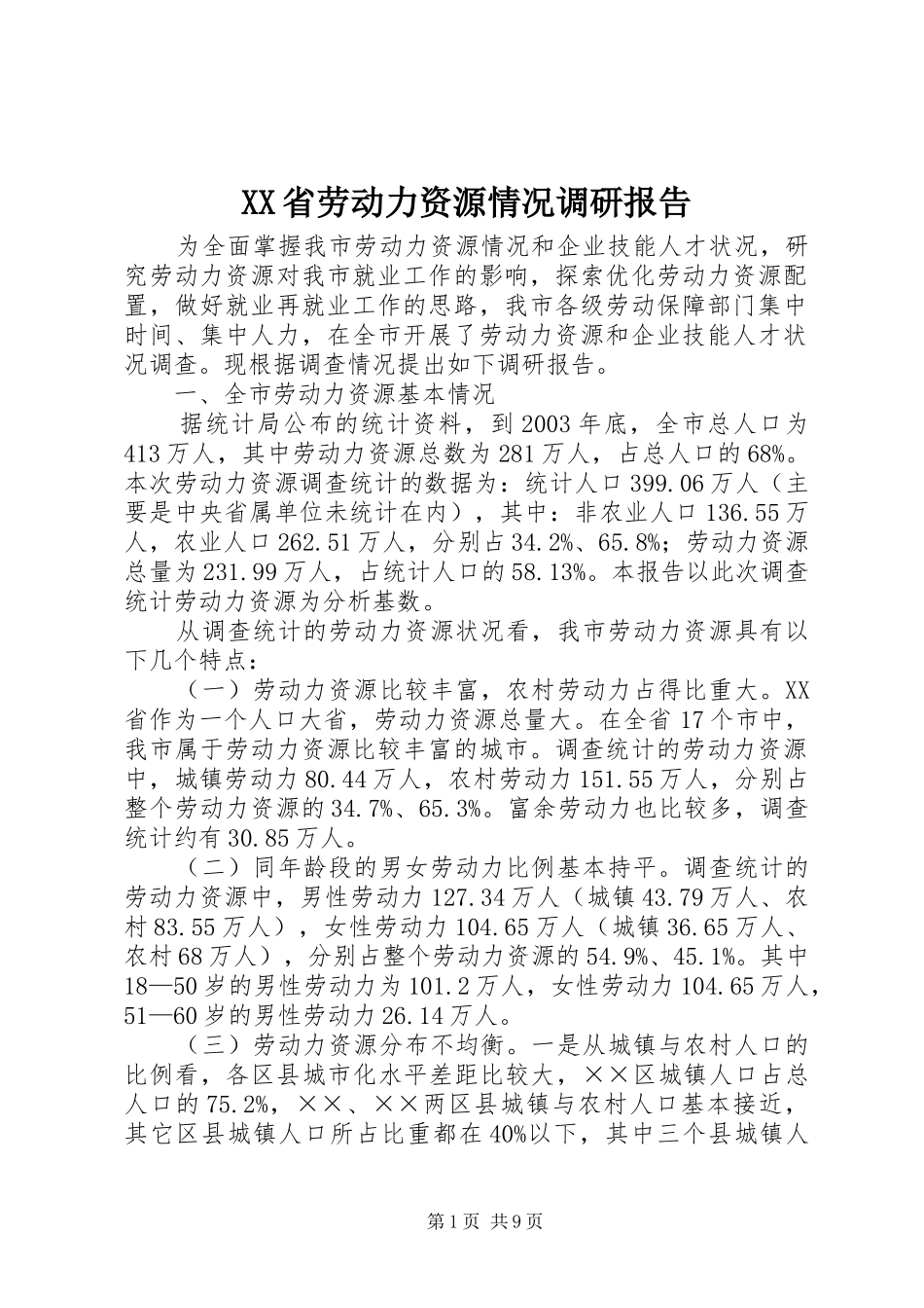 XX省劳动力资源情况调研报告_第1页