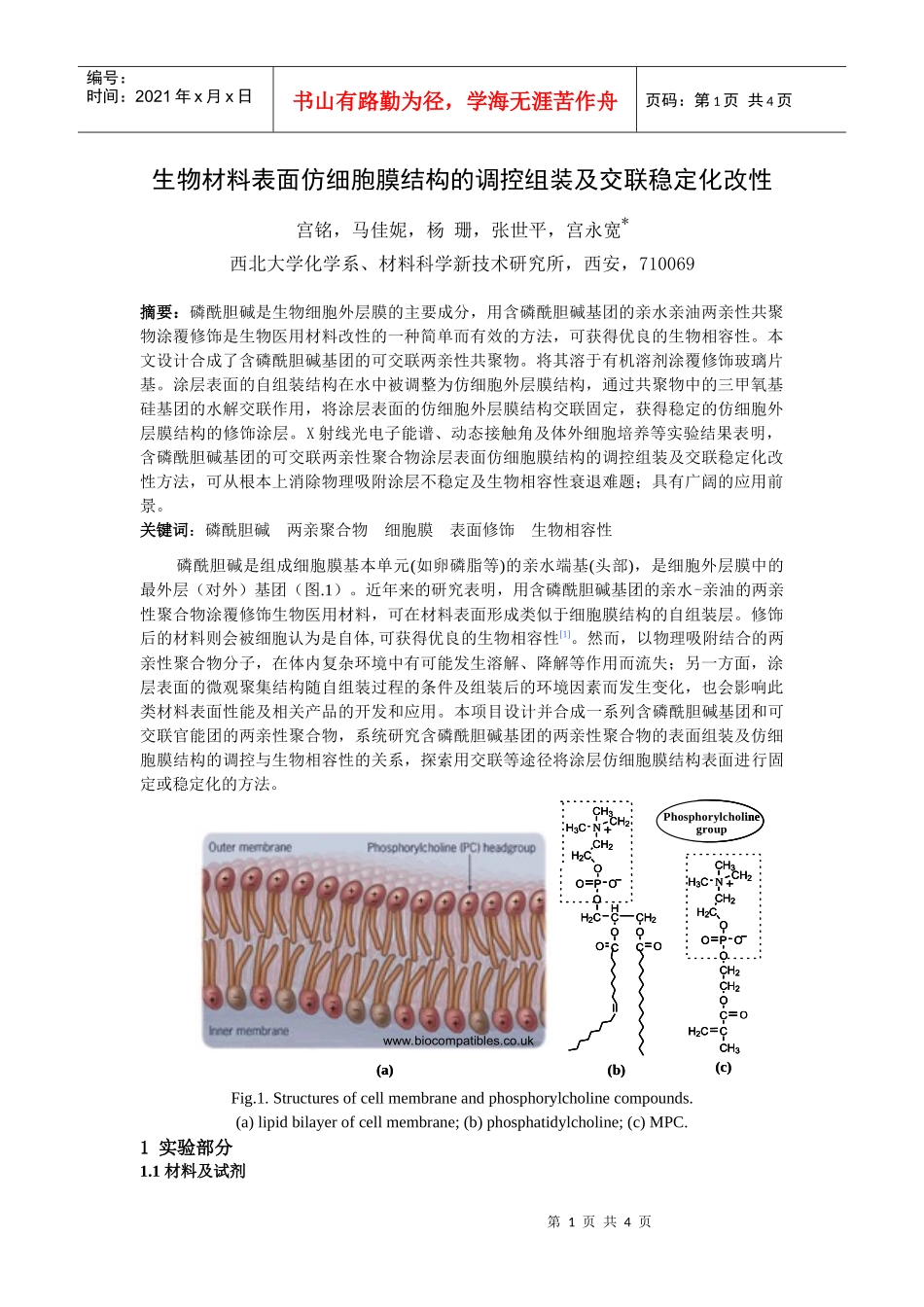 生物材料表面仿细胞膜结构的调控组装及交联稳定化改性_第1页