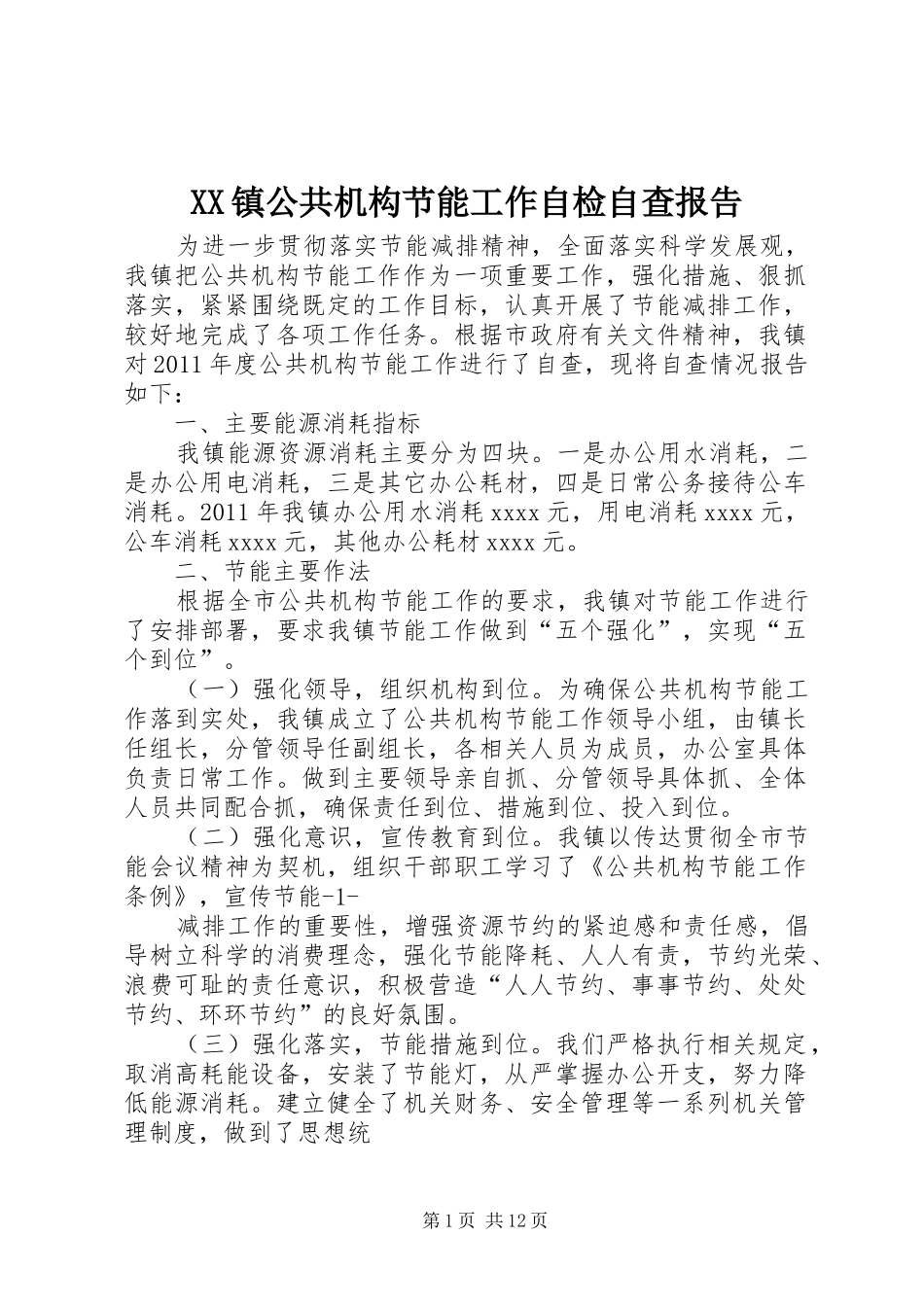 XX镇公共机构节能工作自检自查报告_第1页
