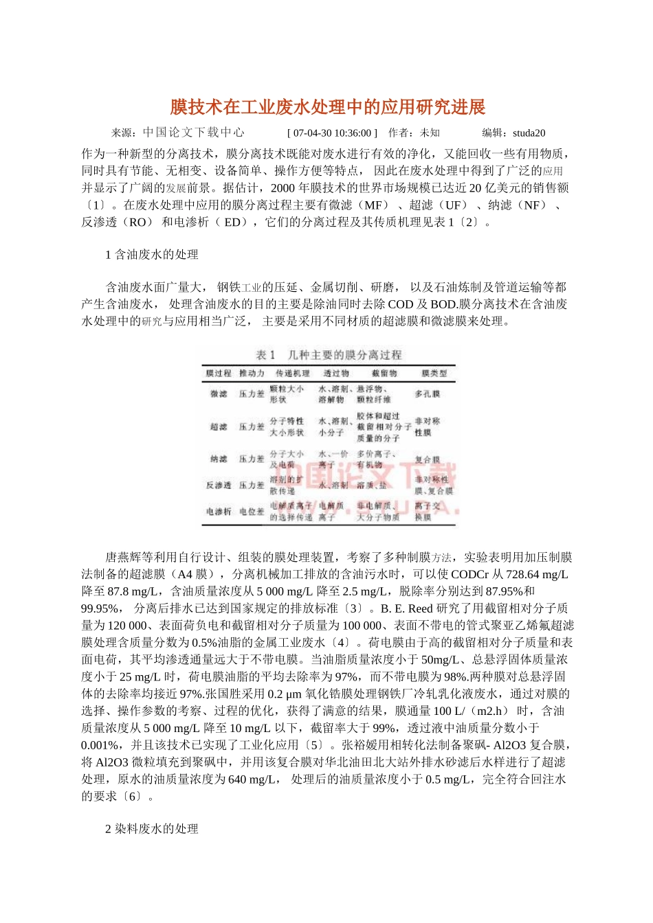 膜技术在工业废水处理中的应用研究进展_第1页