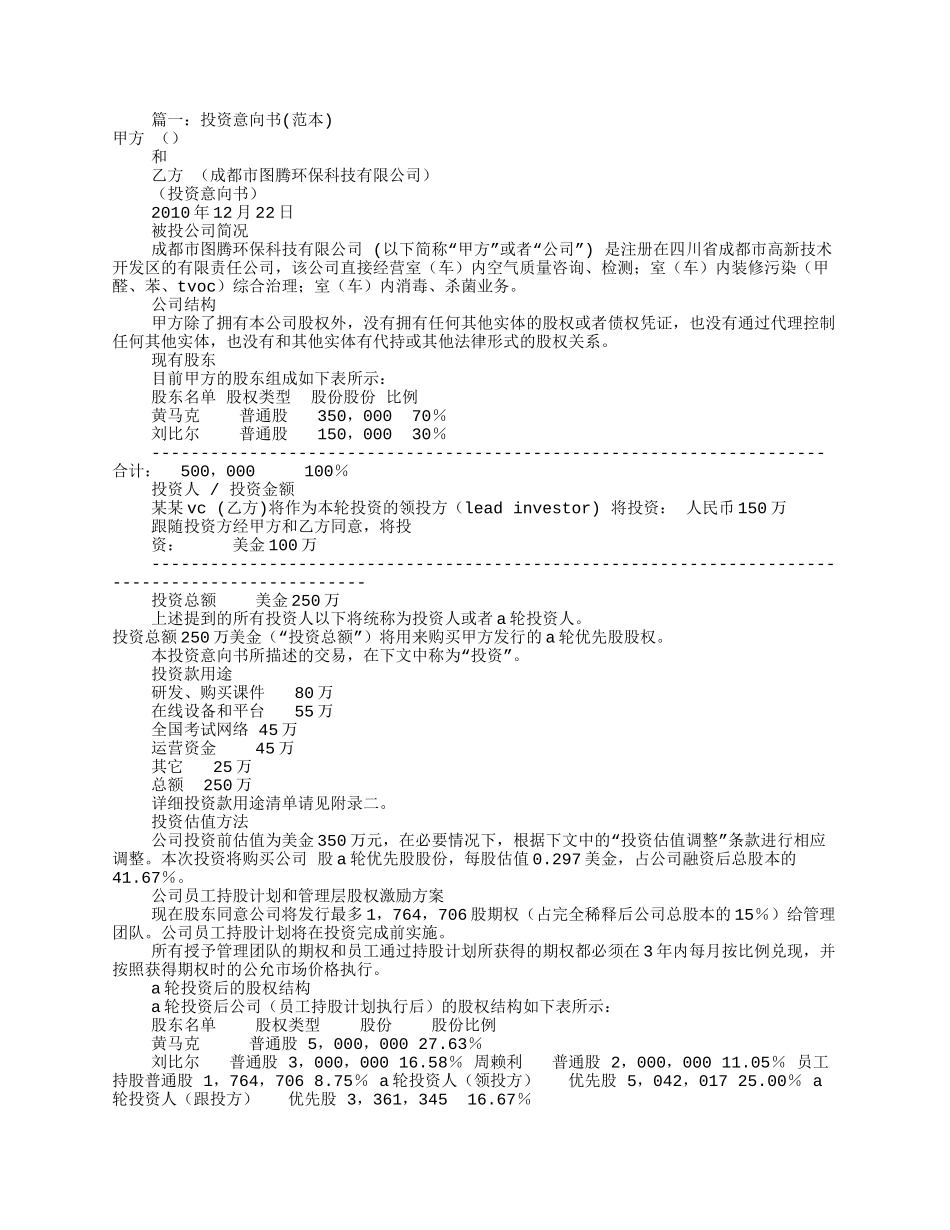 餐饮投资意向书范本(共8篇)_第1页