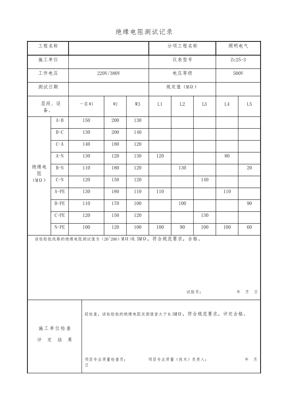 给排水全套表格及电气照明表格_第1页