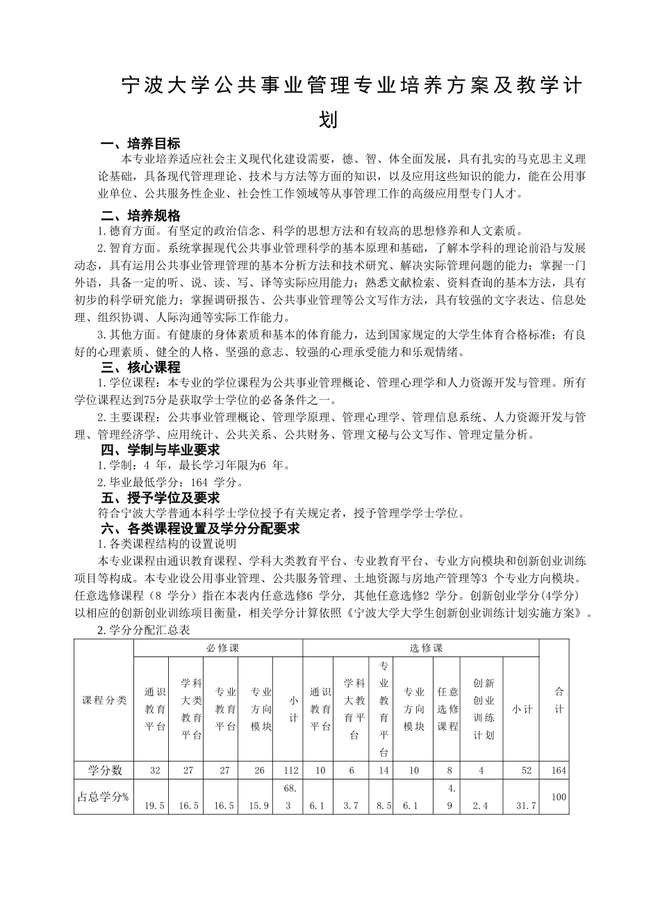 宁波大学公共事业管理专业培养方案及教学计划_第1页