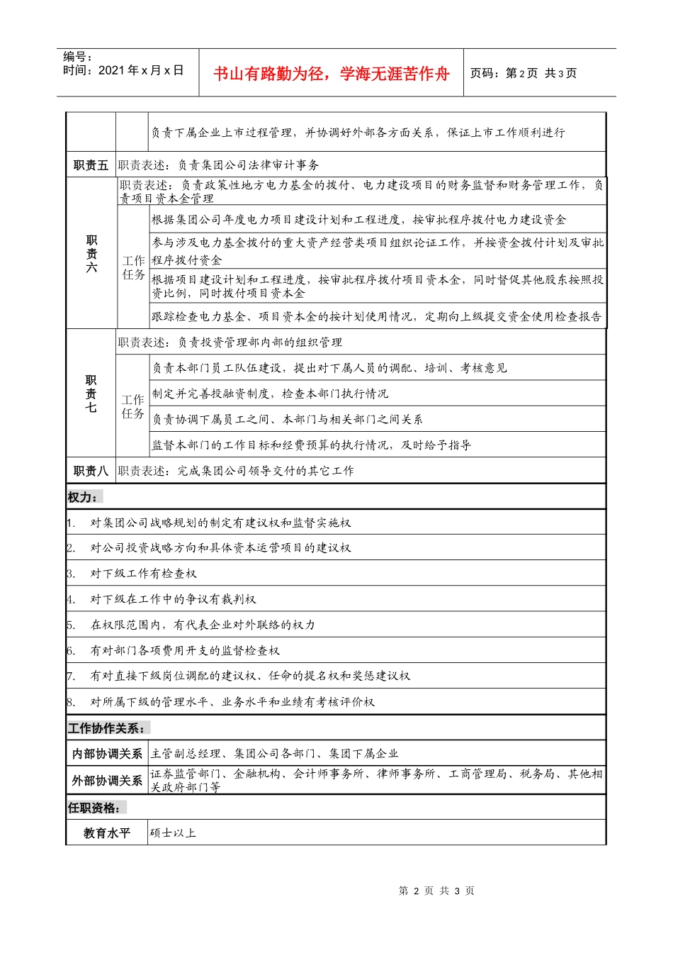 电力集团投资管理部经理职务说明书._第2页