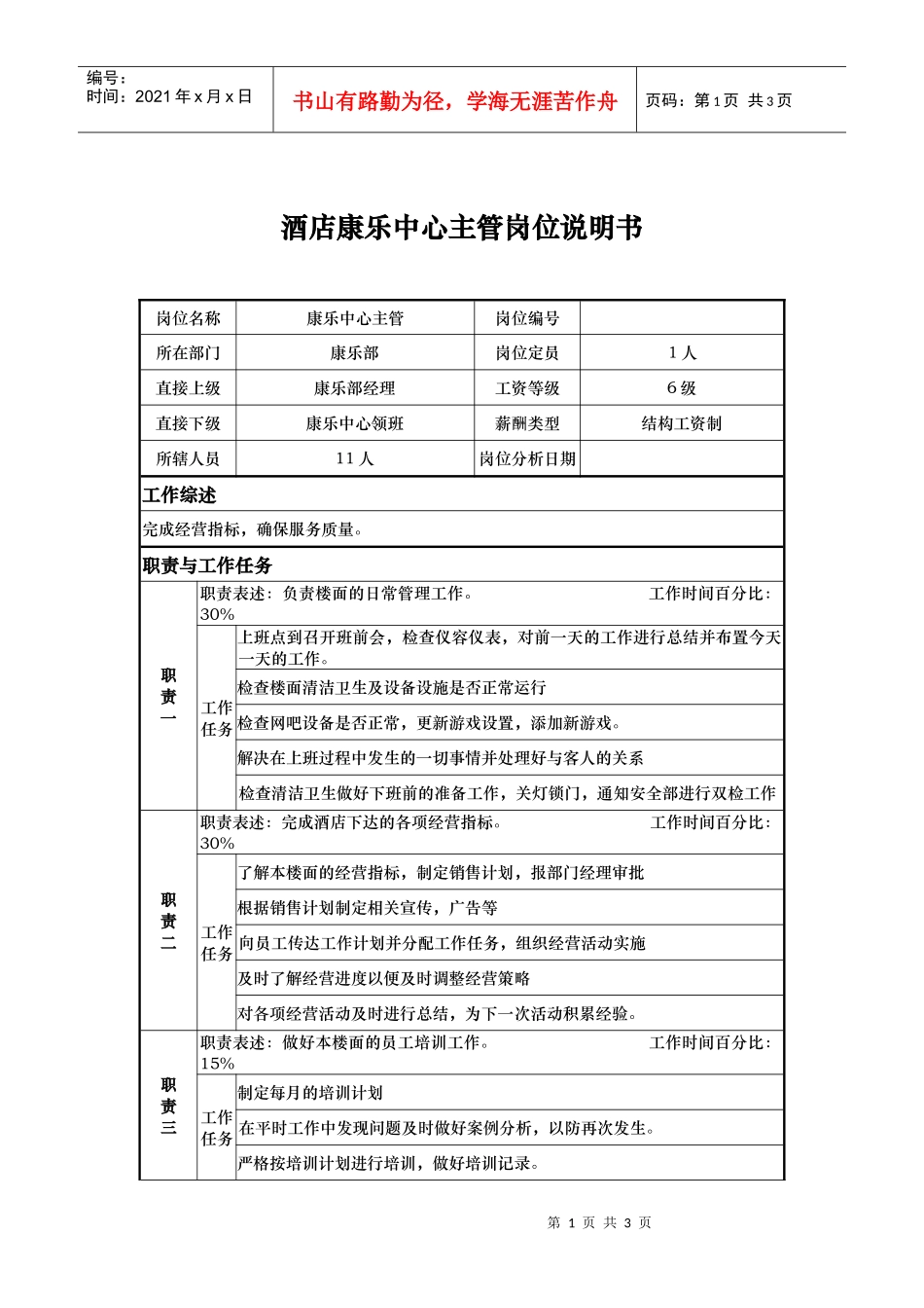 酒店康乐中心主管岗位说明书_第1页