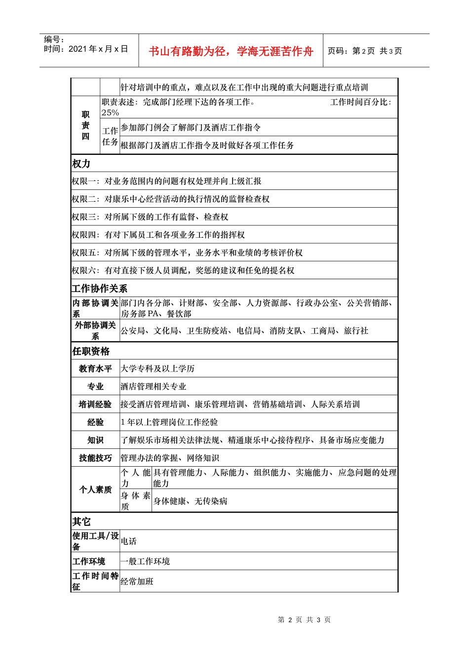 酒店康乐中心主管岗位说明书_第2页