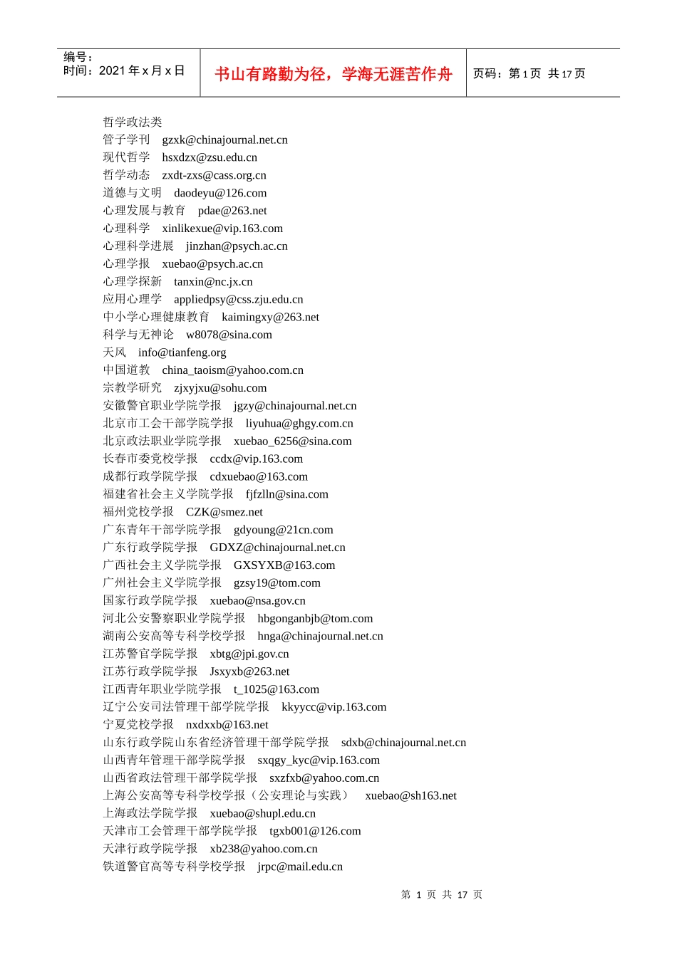 社科类杂志投稿电子邮箱总汇_第1页