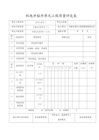 机电井钻井单元工程质量评定表