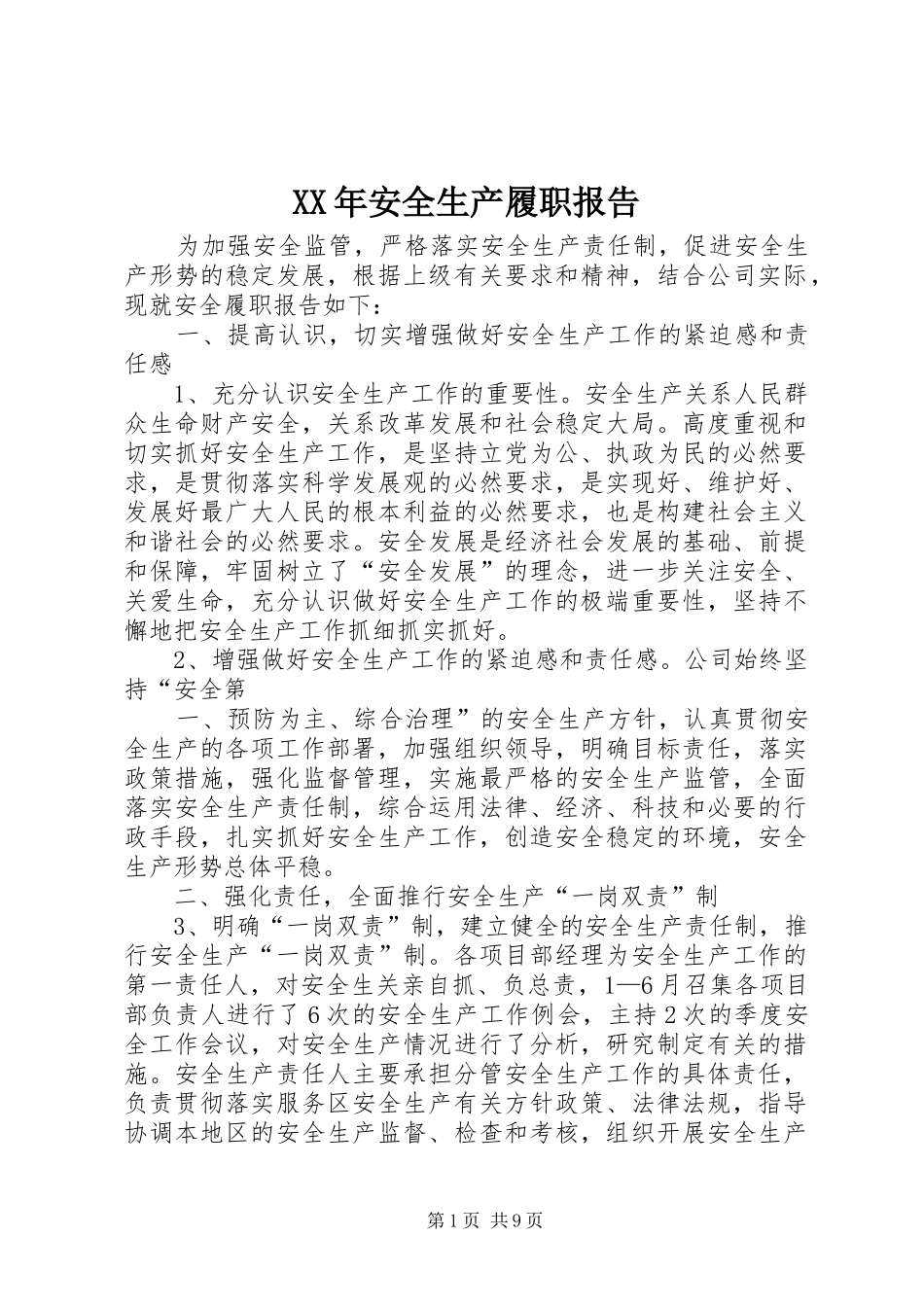 XX年安全生产履职报告_第1页