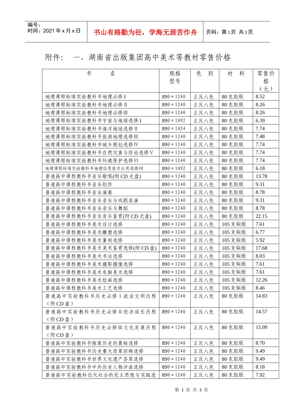 附件：一、湖南省出版集团高中美术等教材零售价格_第1页