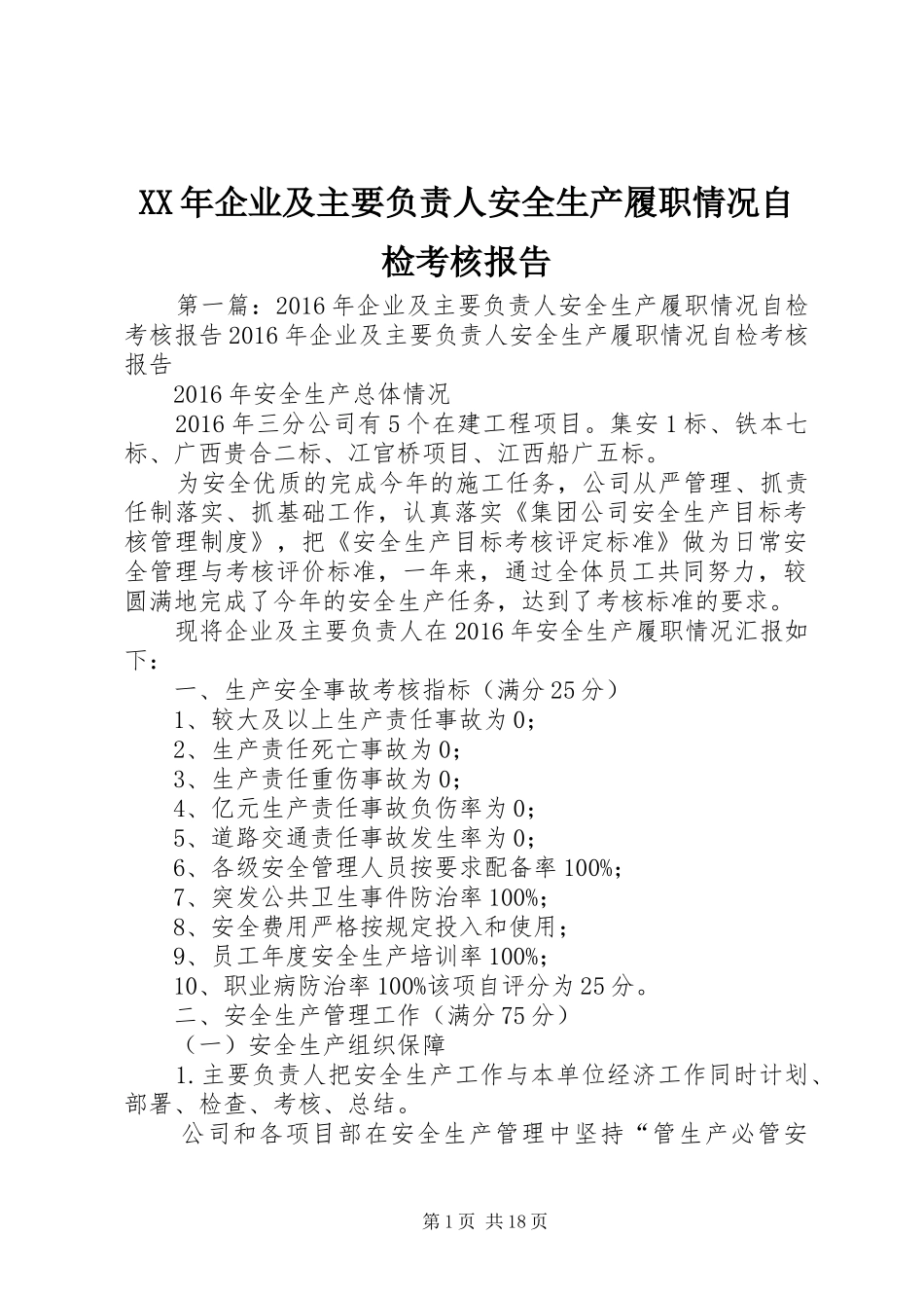 XX年企业及主要负责人安全生产履职情况自检考核报告_第1页