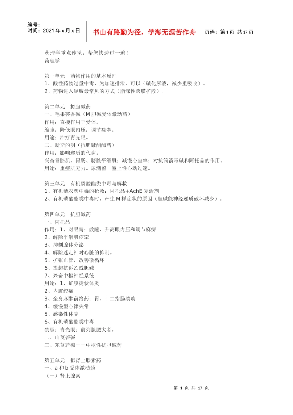 药理学重点速览-doc-药理学速览，快速过一遍_第1页