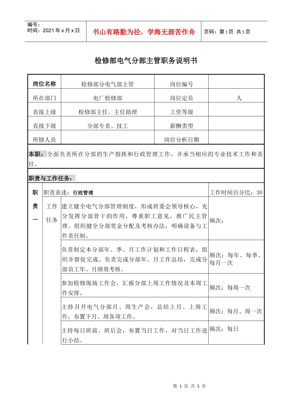 职务说明书－电气主管_第1页
