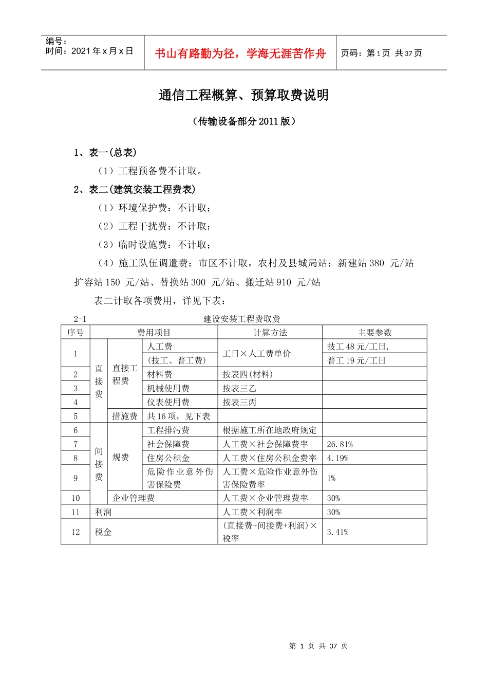 通信工程概算、预算取费说明(传输设备部分)_第1页