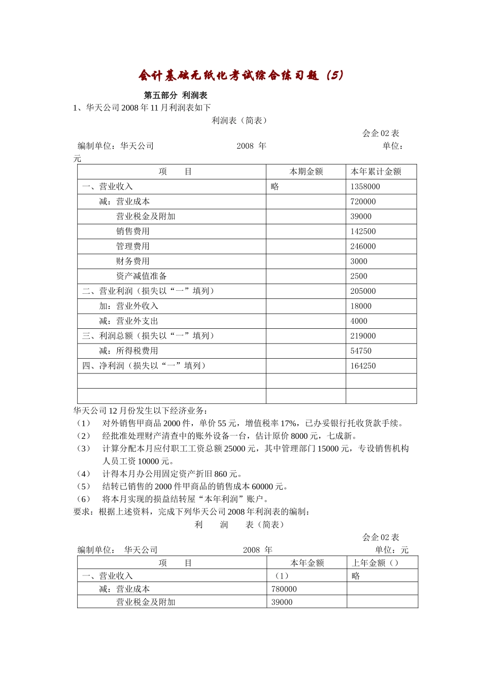 会计基础无纸化考试综合练习题(利润表)[1]_第1页