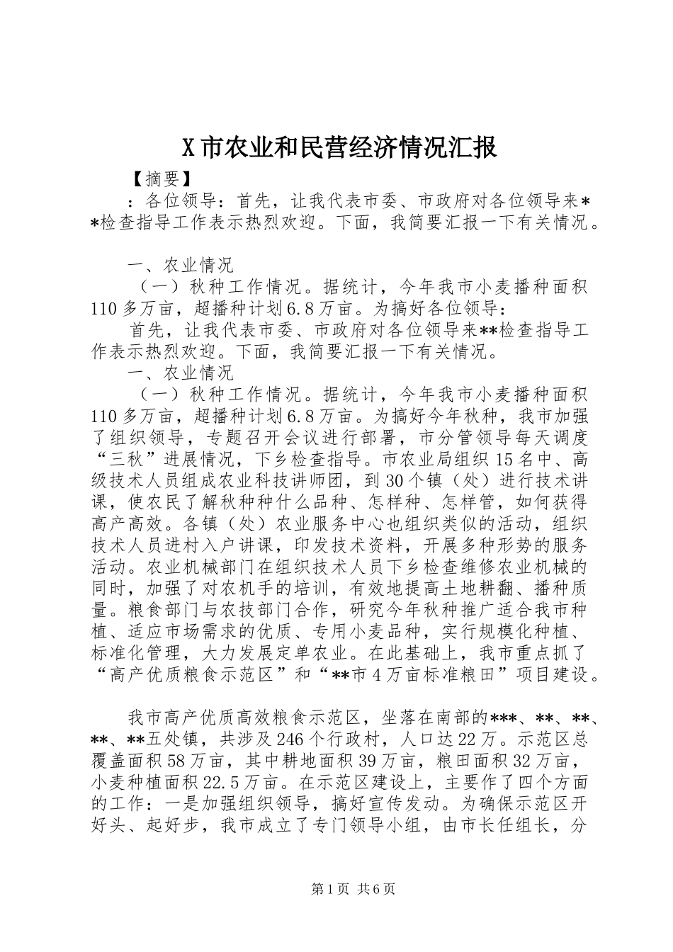 X市农业和民营经济情况汇报_第1页