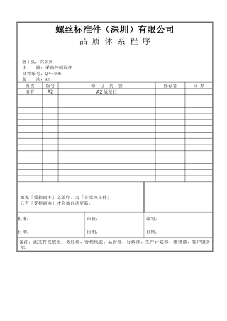 螺丝有限公司ISO90001范本--采购控制程序（doc）