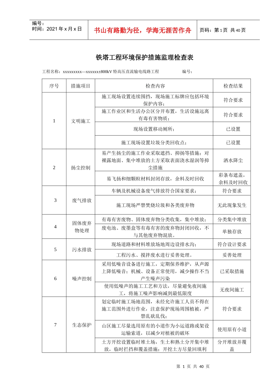 铁塔工程环境保护措施监理检查表1_第1页