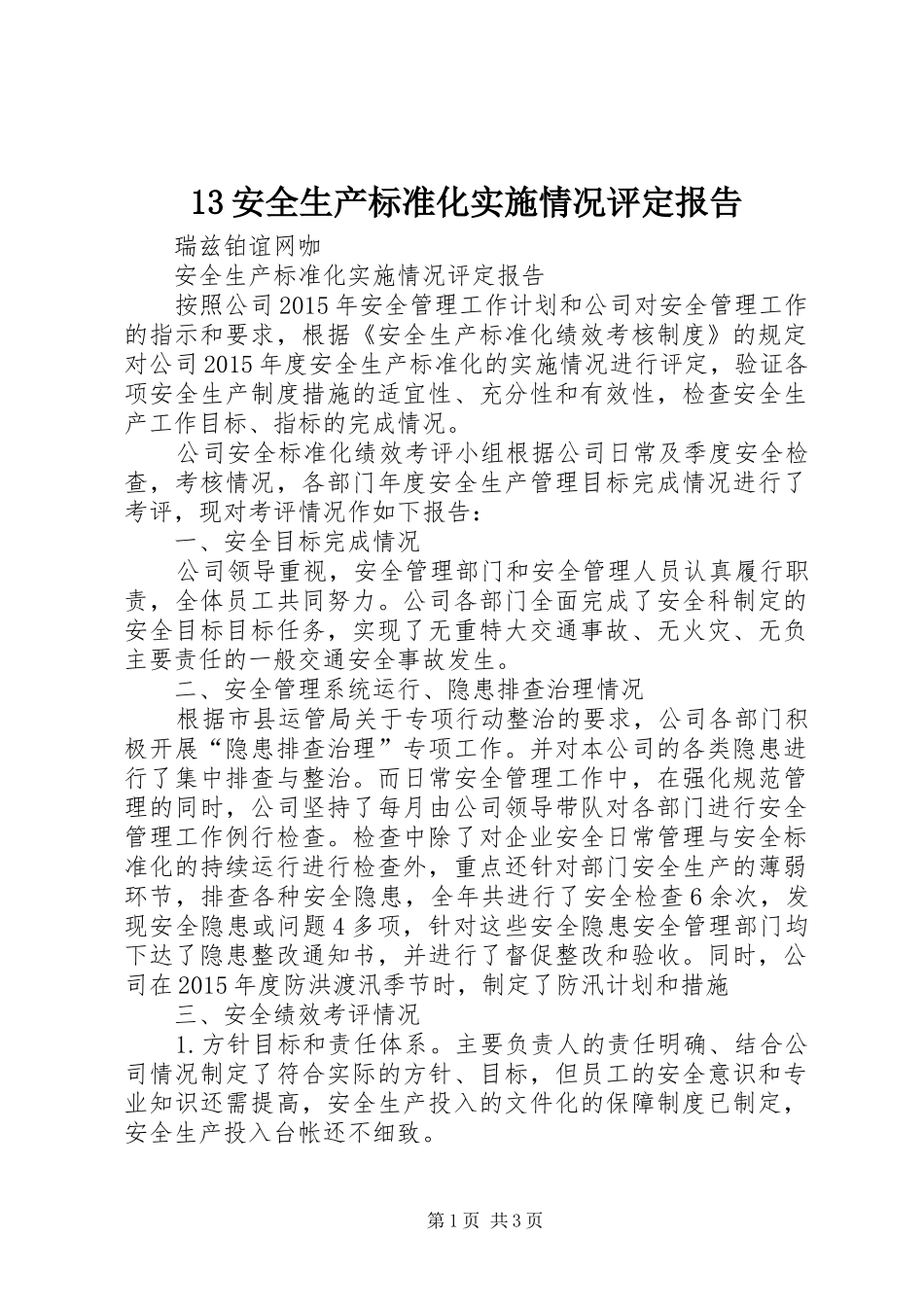 13安全生产标准化实施情况评定报告_第1页