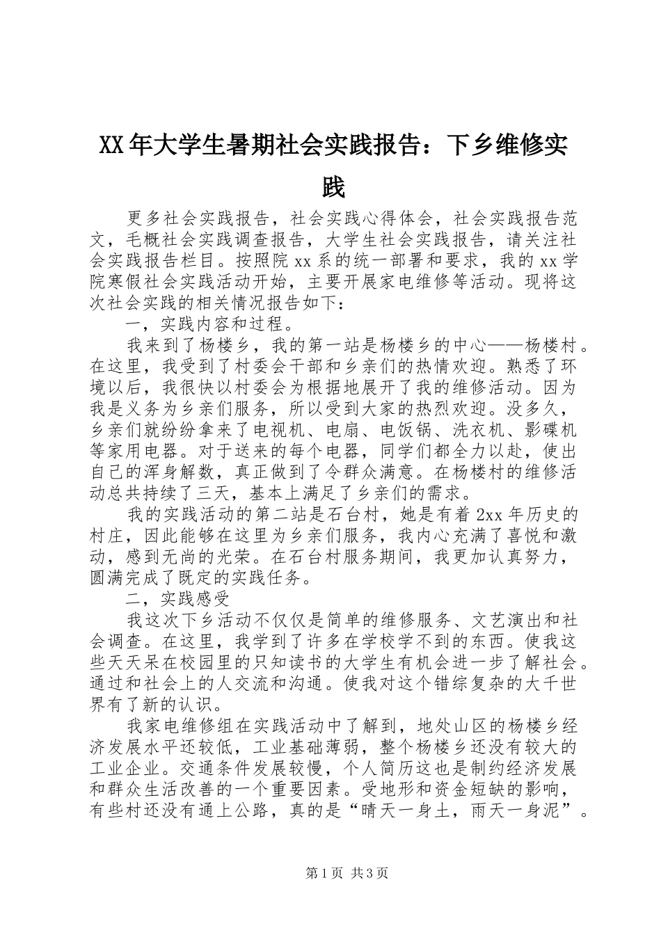 XX年大学生暑期社会实践报告：下乡维修实践_第1页