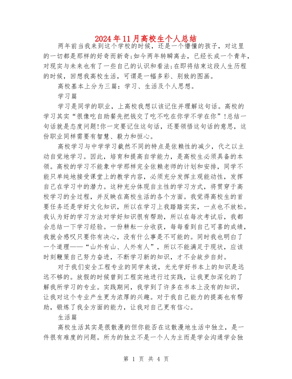 2024年11月大学生个人总结_第1页