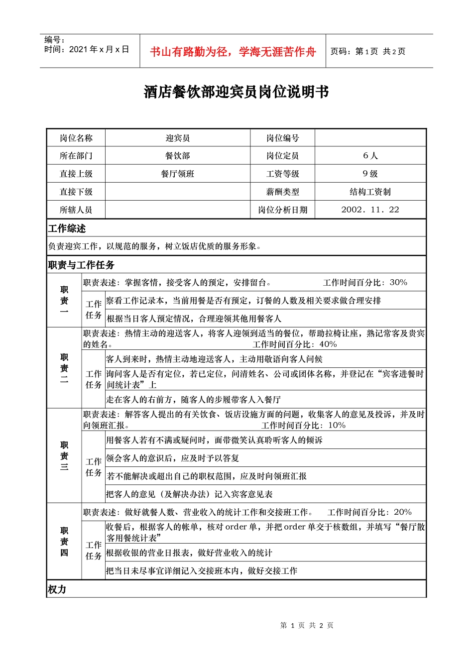 酒店餐饮部迎宾员岗位说明书_第1页
