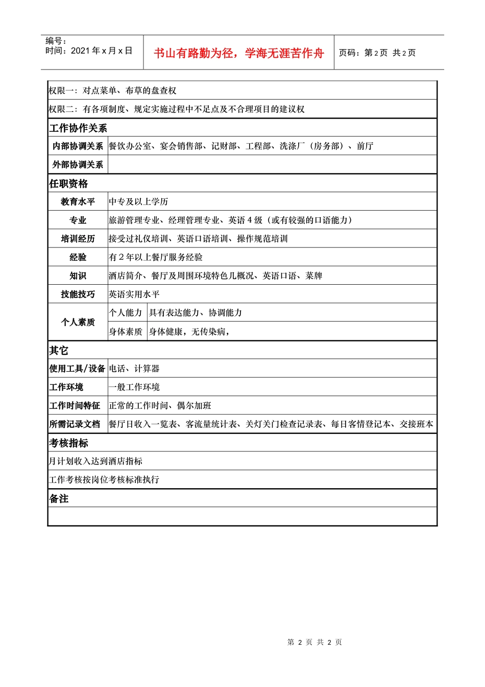 酒店餐饮部迎宾员岗位说明书_第2页